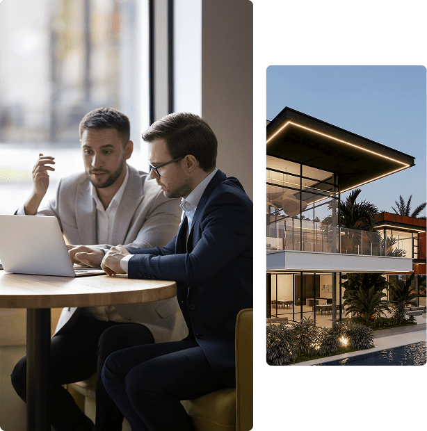 Business professionals collaborating with modern architecture
